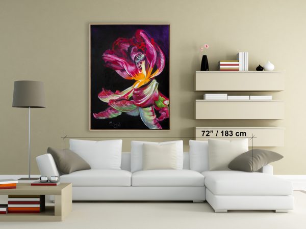 Lidiya - a large, 102x76cm oil on canvas painting, depicting a beautiful red parrot tulip flower on a dramatic black background - interior